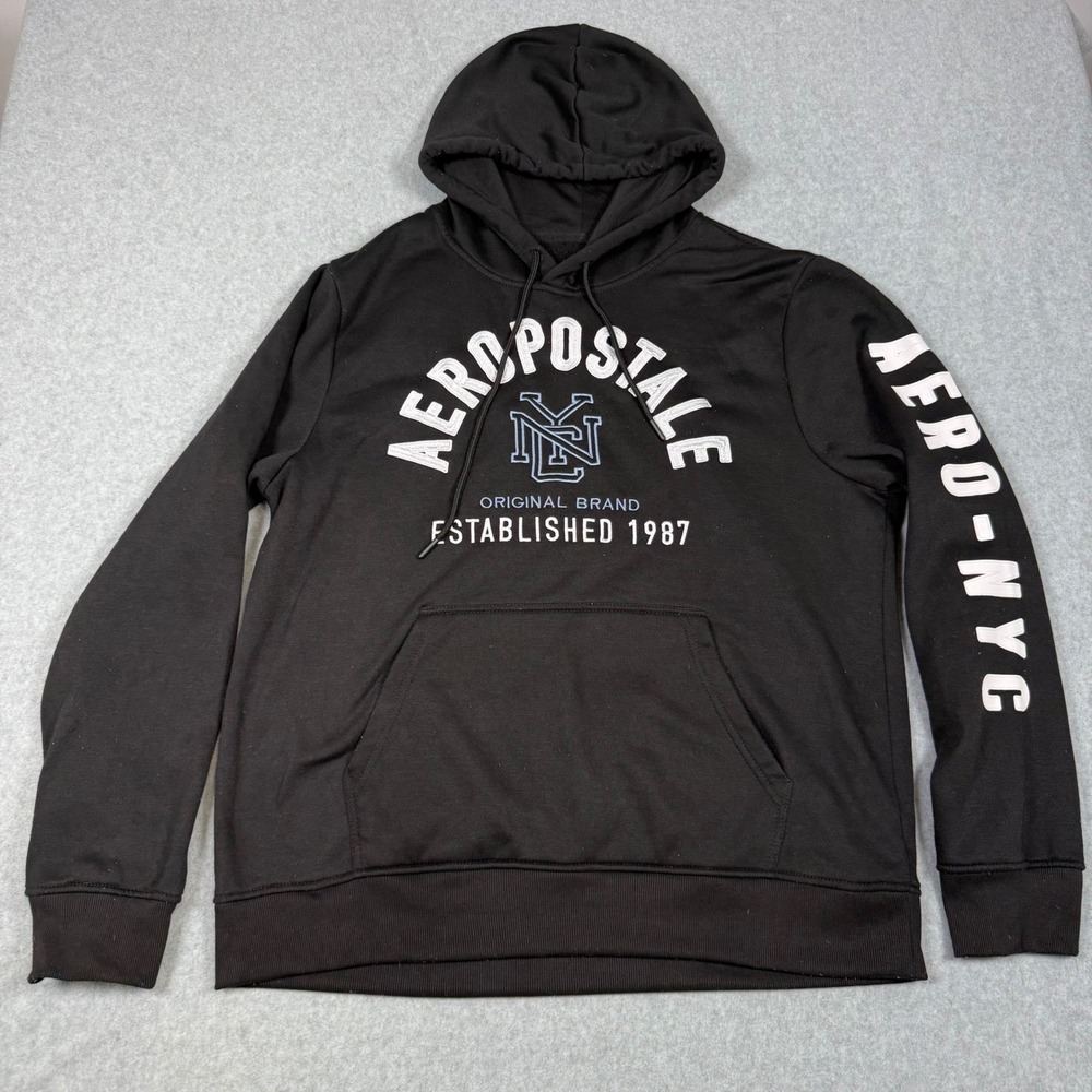Aeropostale Y2K Mens 2XL Black Established 1987 NYC Logo Fleece Pullover Hoodie